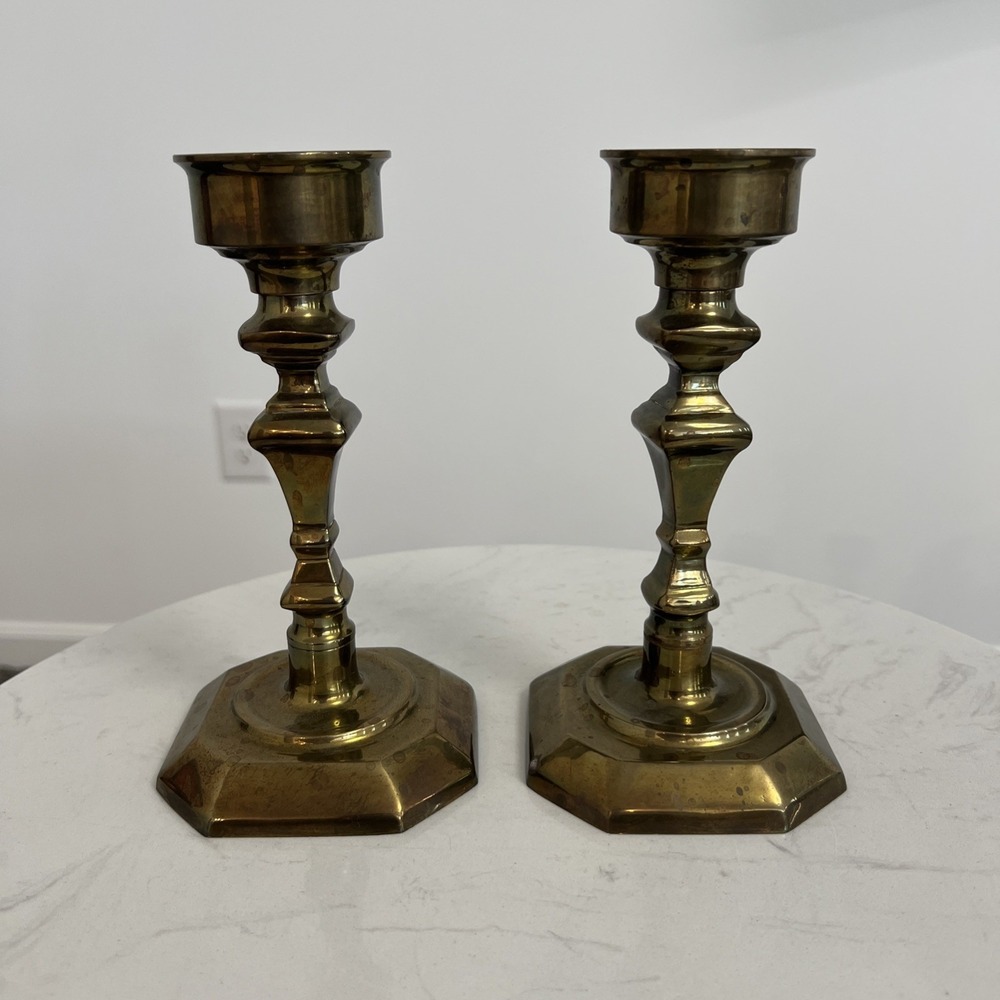 Vtg Solid Brass Candlestick Holders Pair Mantel Farmhouse Colonial Style Decor‎